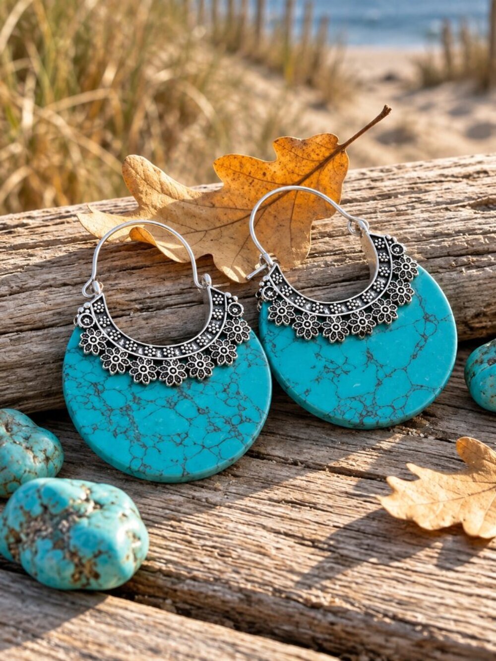 Turquoise Stone Crescent Hoop Earrings 925 Silver Plated Southwestern Artisan 2" - Picture 9 of 16